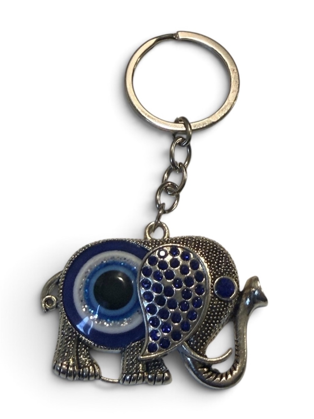 Silver Elephant Keychain with Blue Evil Eye Accent
